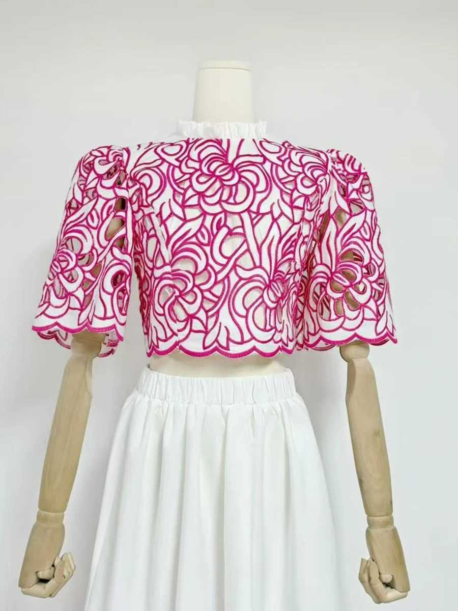 Two Piece Dress VGH Hit Color Two Piece Womens Stand up Collar Half Sleeve Top Splicing Hollow Midi Summer Elegant Set Womens New Style Y250315U3WG