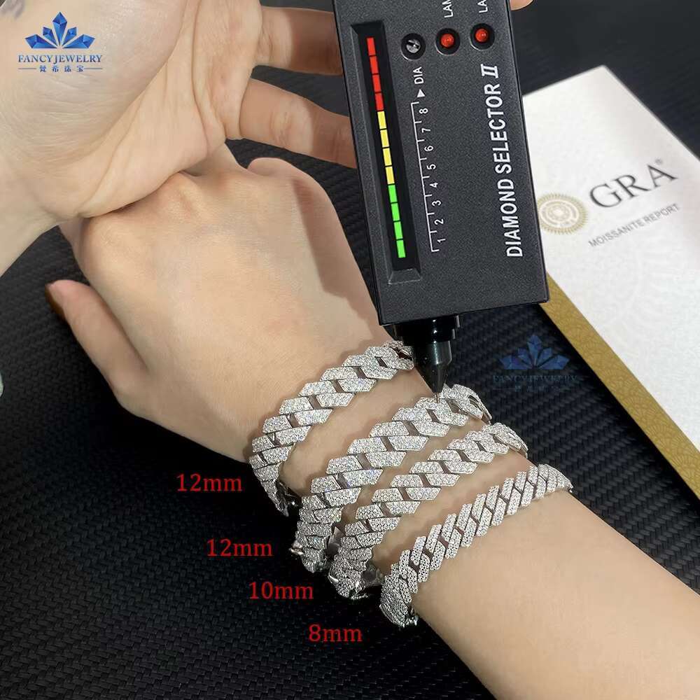 2025 New model 8mm 10mm 12mm DEF Color Moissanite Dia Sterg Sier Over Test Drill Pen Bracelet Necklace Men's Cuban Chain