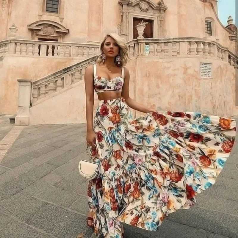 Two Piece Dress Floral print summer Maxi Dr womens 2022 Slvel bra 2-piece set beach dress holiday fashion bohemian long dress Vestdos Y250315GHSB