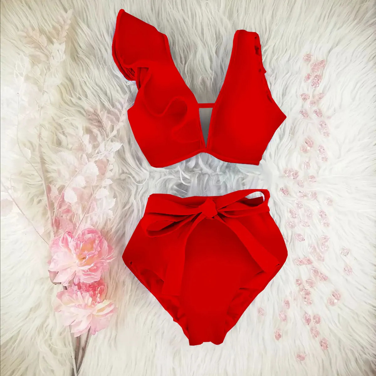 Bikini Floral Ruffle Bikini Set Womens V-neck High Waist Two Piece Swimsuit Womens Beach Swimsuit 250314