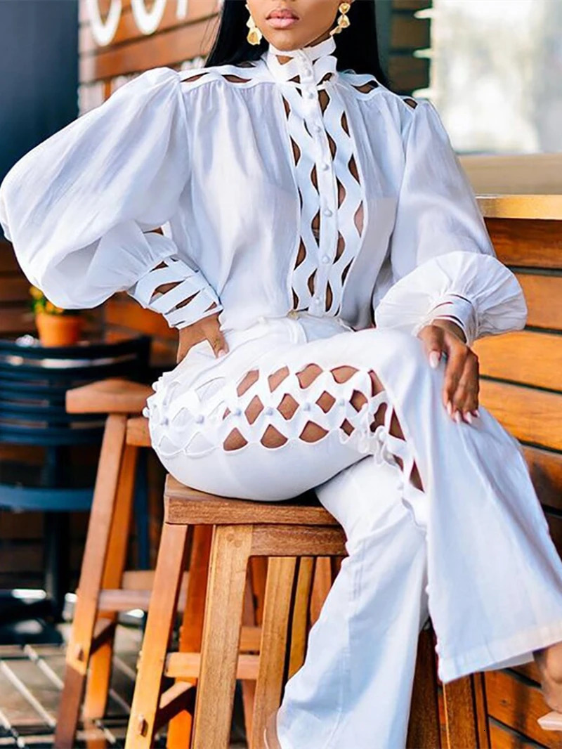 Sexy hollow two-piece pants set womens spring outfit stand collar lantern sleeve shirt pants set casual two-piece set 250314