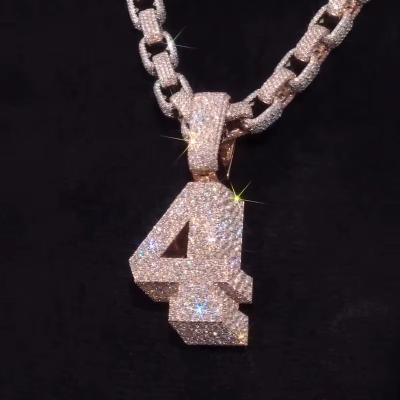 Custom Moissanite Jewelry 925 Sterling Silver Rose Gold Plated Hip Hop Moissanite 3D Number Pendant Cuban Chain Necklace