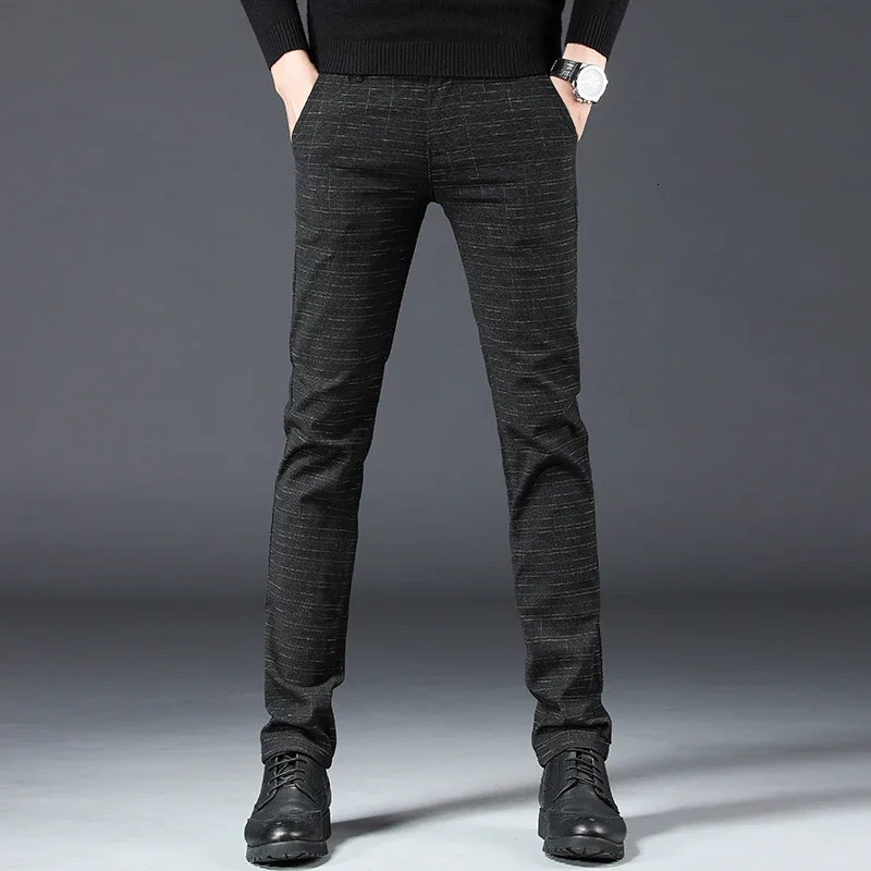 Autumn Winter Mens Brushed Slim Pants Cotton Linen Elastic Small Straight Plaid Business Casual Black Male Trousers 250311