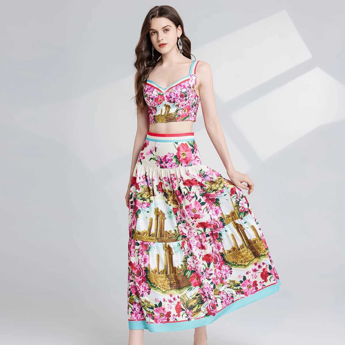 Two Piece Dress Summer Holiday Crop Tops Long Skirts Suits Women Two Piece Sets Flower Print Bustier Corset Tops A Line Midi Skirts 2pcs Outfits Y2503