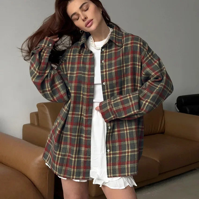 Summer Plaid Vintage Style Versatile Casual Long Sleeve Cardigan Womens Shirt European And American Export Cotton Gauge Shi 250314