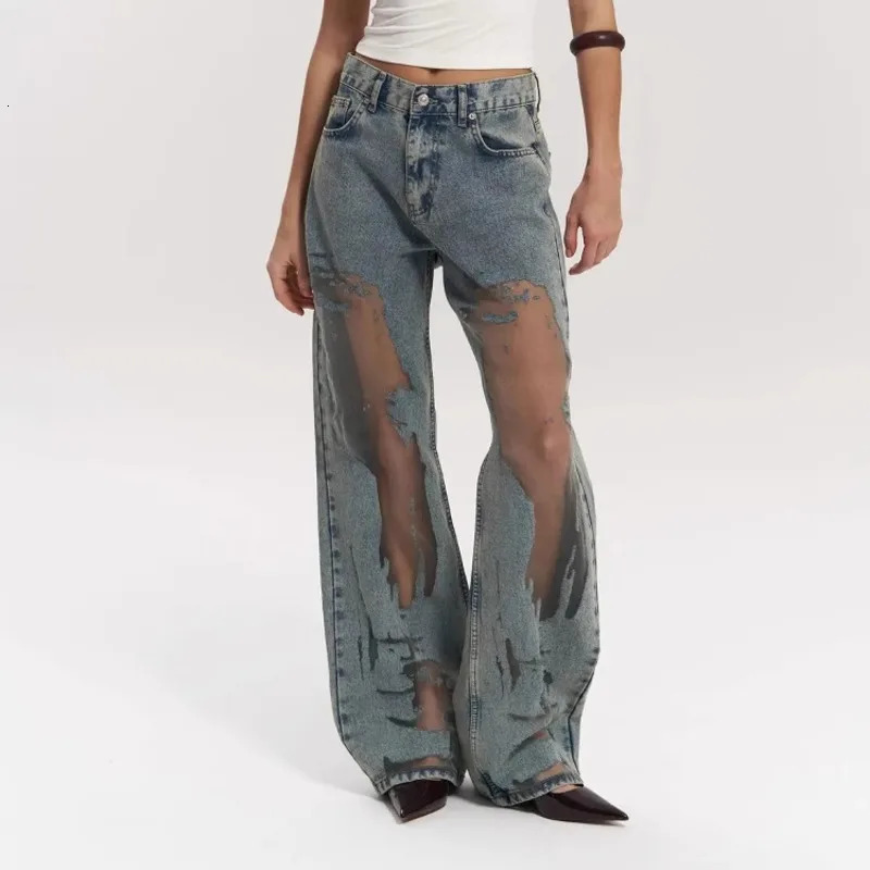 EAEOVNI Fashion Y2K Women Jeans Hollow Out Spliced Loose Denim Wide Leg Trousers Streetwear Clothing 1A726 250314