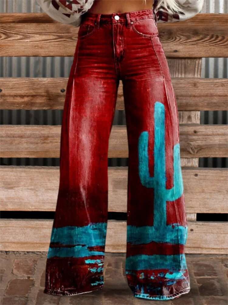 2025 new women's long length designer fashionable digital printed imitation denim thin fabric color blocked wide leg pants4