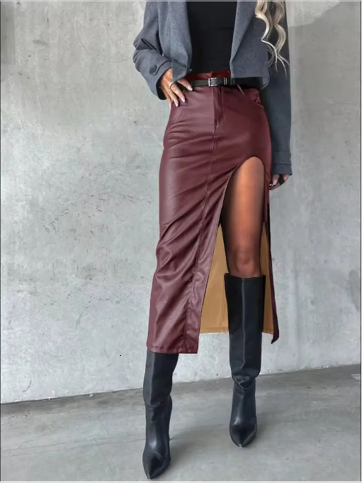 Womens Mid Pu Leather skirt solid Color slit sexy Hip Hugging High Street Party Fashion Punk Style Autumn Skirt 250312