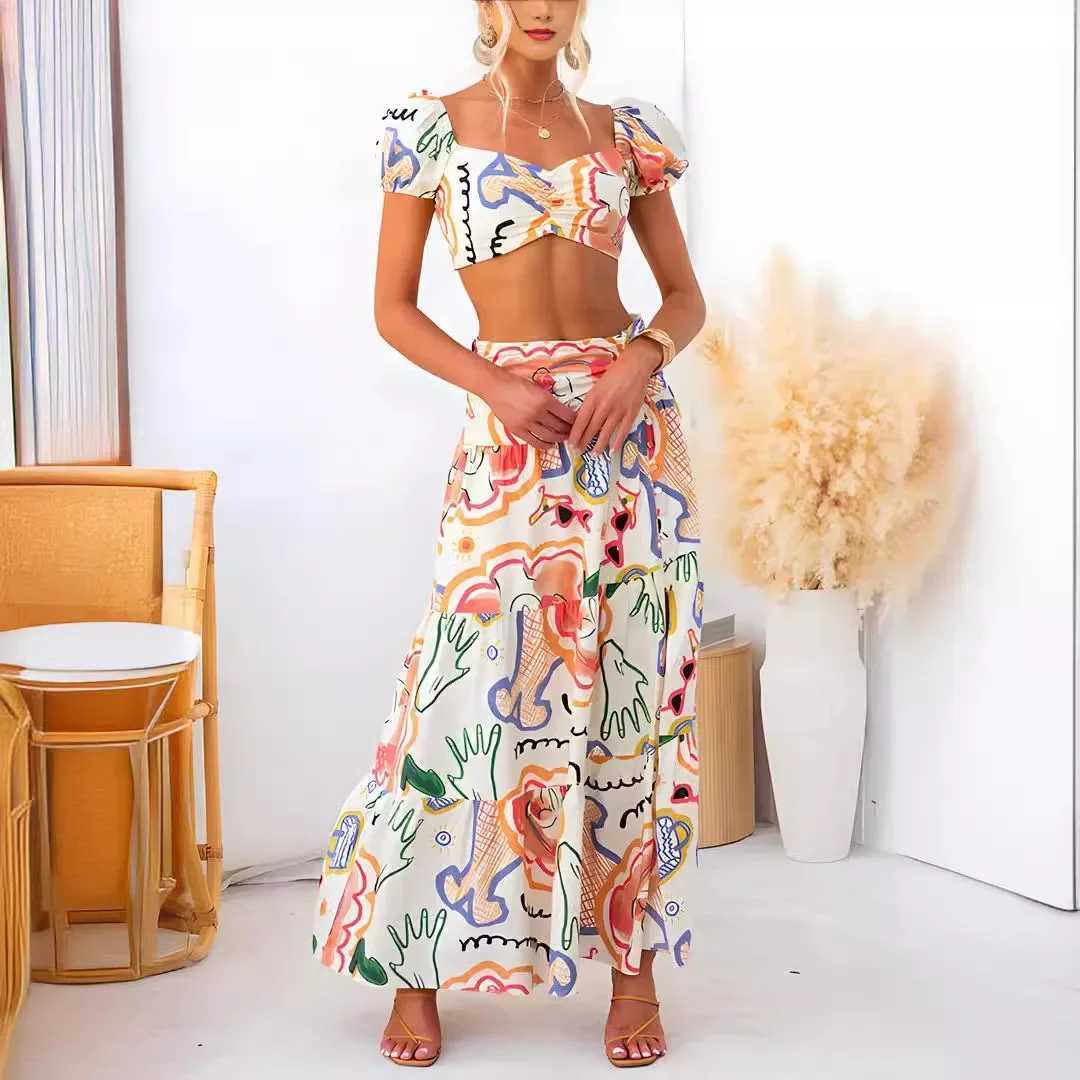 Two Piece Dress Short Top Maxi Skirts Two Pieces Sets Women Summer Loungewear Printing Patchwork Outfit 2025 Fashion Beach Style Ladies Suits Y2503158