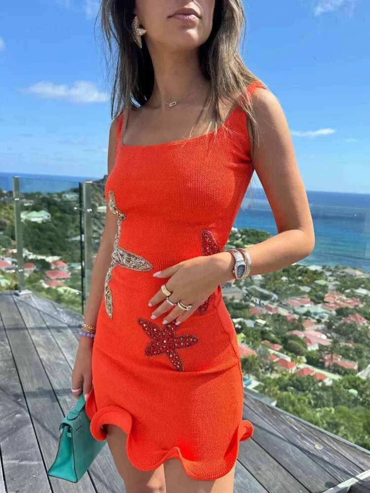 2025 new chic blue designer fashionable spark star print ruffled mini women's elegant sleeveless backless pleated skirt knitted ball dress beach 