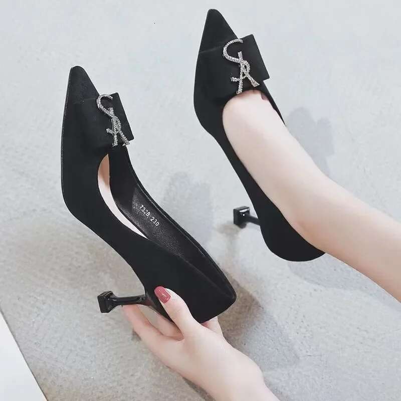 new style metal buckle design suede shallow mouth pointed stiletto black sexy party wedding women's high heels