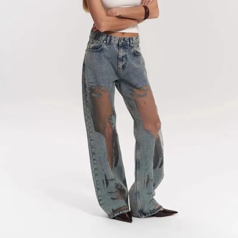 EAEOVNI Fashion Y2K Women Jeans Hollow Out Spliced Loose Denim Wide Leg Trousers Streetwear Clothing 1A726 250314