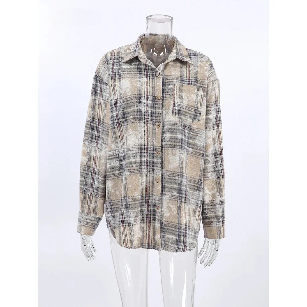 Zekye Spring Womens Shirt Distressed Plaid Blouses Grey Casual Cotton Long Sleeve Blouses Office Womens Loose Shirt Y2k 250314