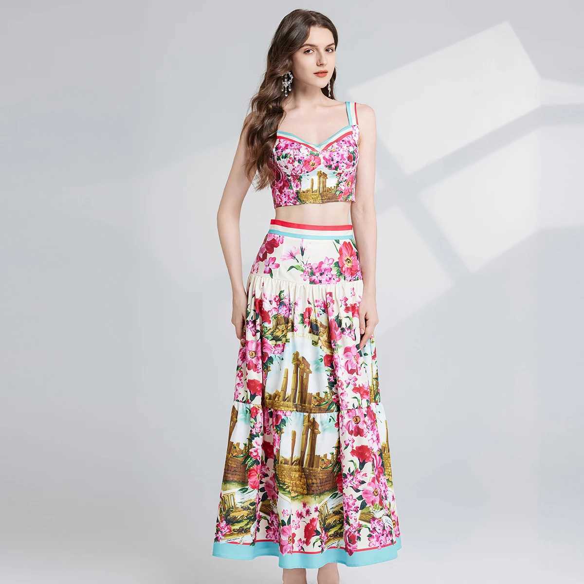 Two Piece Dress Summer Holiday Crop Tops Long Skirts Suits Women Two Piece Sets Flower Print Bustier Corset Tops A Line Midi Skirts 2pcs Outfits Y2503