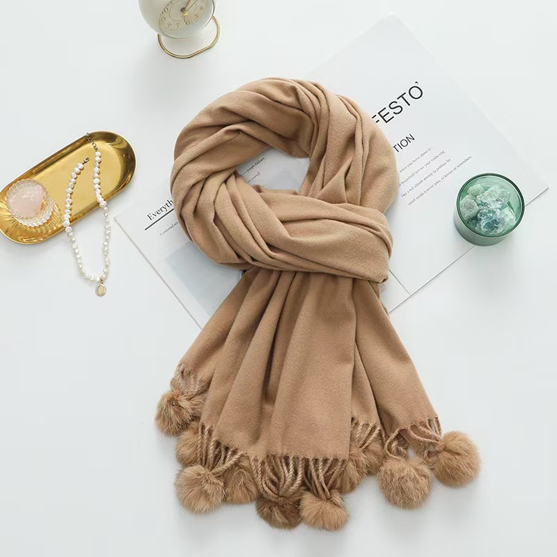 K139 Girls cute imitation cashmere scarf female winter warm solid color big rabbit fur ball 2024 new scarf shawl wholesale