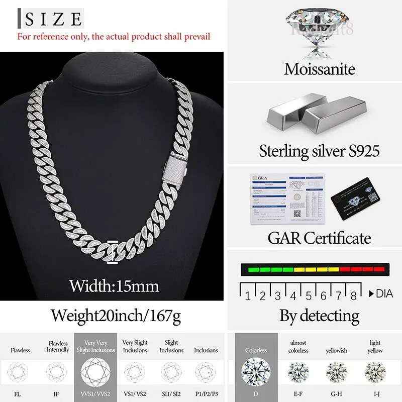 High Quality Unisex VVS1 Baguette Moissanite Cuban Chain Necklace Sier For Men Hip Hop Jewelry