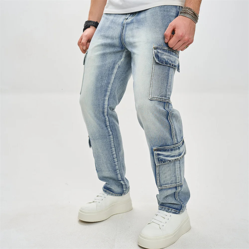 Stylish Multiple pockets Men Loose Cargo Jeans Trousers Motorcycle Male Solid Carpenter Casual Straight Denim Pants 250312