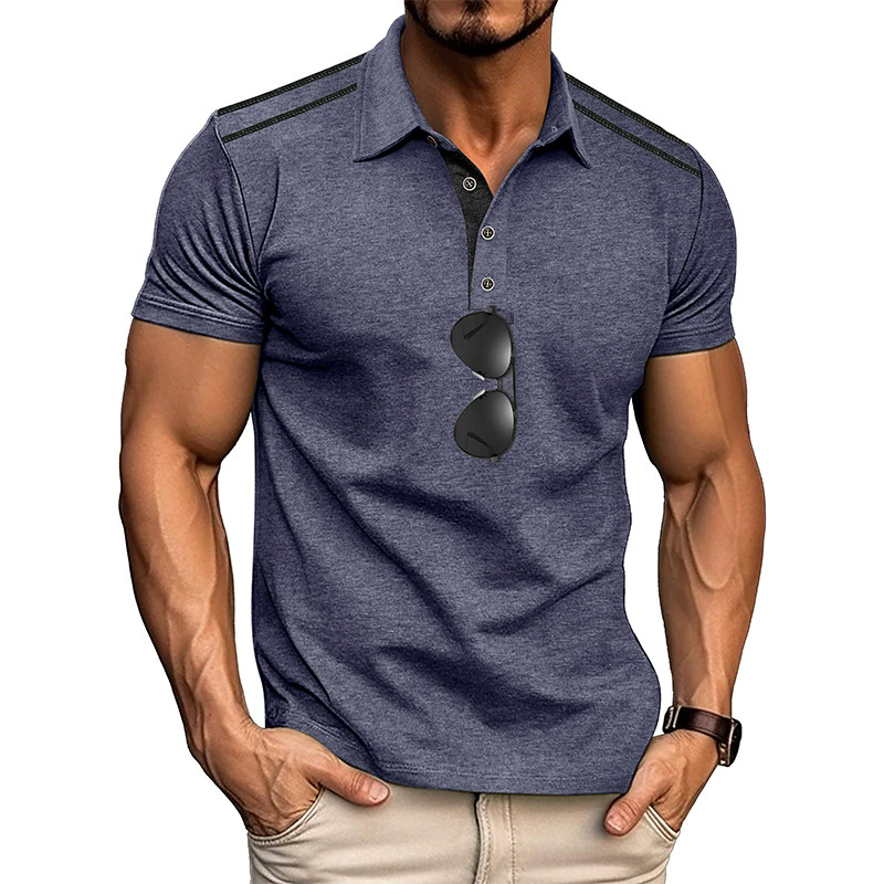 Summer T-Shirts Men's Short-sleeved Lapel Button Retro Color Matching Shirt Tshirt Shirt MALE Polyester Tops Tees Light Grey Light Blue XXXL