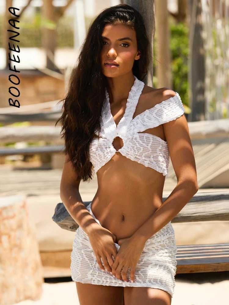 Two Piece Dress BOOFNAA Sexy 2-piece Mesh White Lace Back Crop Top Mini Skiing Competition Set 2025 Summer Womens Vacation Set C85-ED21 Y250315FHOK