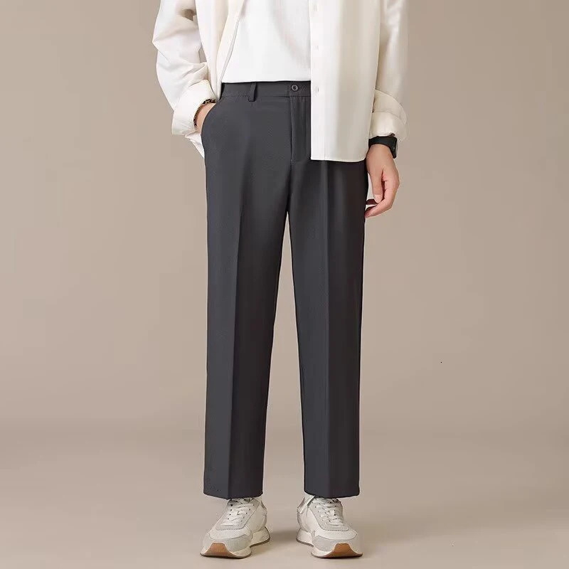 Fashionable mens bag compact ankle length cutting set office pants dark gray black apricot tree Trouser casual jacket pants mens 250314
