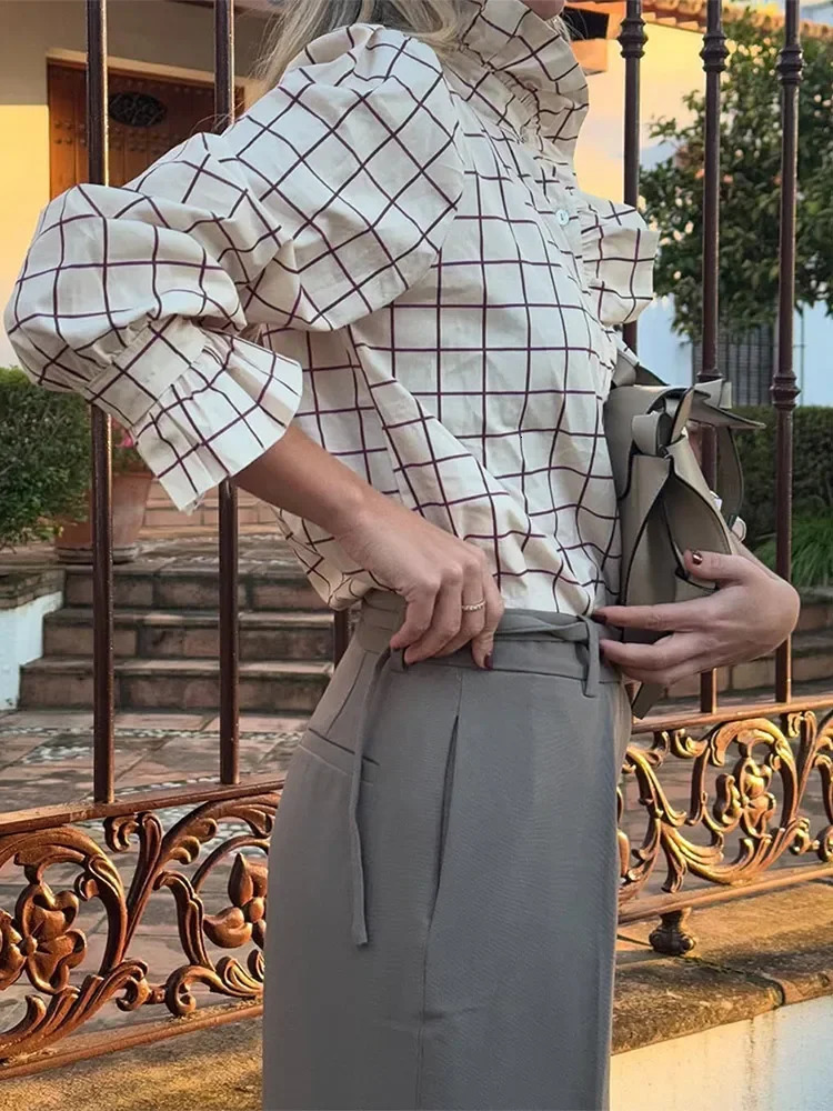 Fashion Contrasting Plaid Single-breasted Womans Shirt Casual Stand Collar Flare Long Sleeve Blouse Lady Office Streetwear 250314
