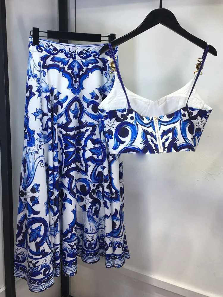 Two Piece Dress Banulin Bohemain Blue and White Ceramic Tile 2piece Set Womens spaghetti shoulder strap gold button vest topprinted long sleeved bodys