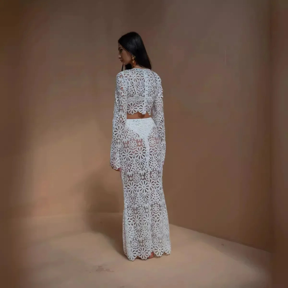 Women Sexy Lace Hollow Out Short Top Skirt Two Piece Sets Female Casual Beach Vacation Fashion Elegant Slim Summer Dress Set250312