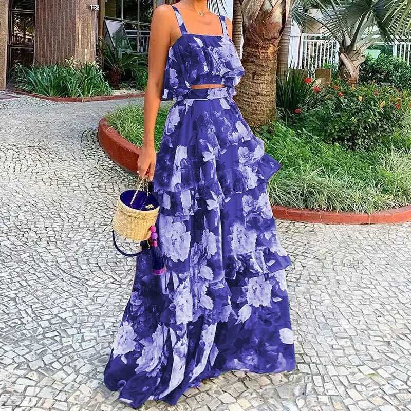 Two Piece Dress 2025 Autumn New Beach Resort Style Printed Two-piece Suspender Top Cake Skirt Long Skirt Suit for Women Womens Two Pieces Set Y2503156