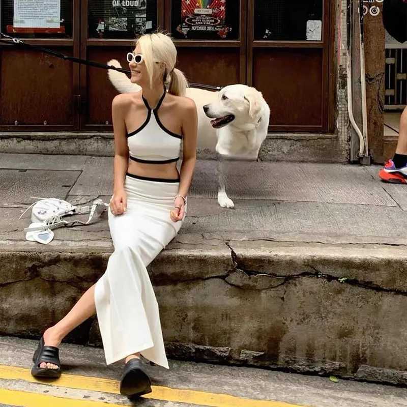 Two Piece Dress Sexy Solid Halter Women Skirt Suits Slvel Backl Crop Top +Split Skirts Two Piece Outfits 2025 Summer New Chic Lady Sets Y2503156WZA