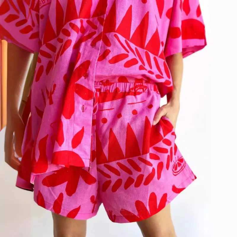 Two Piece Dress 3D Rose Red Printed Linen Womens 2025 SpringSummer New Collection European and American Fashion Elegant Printed Cardinals Flip Collar 