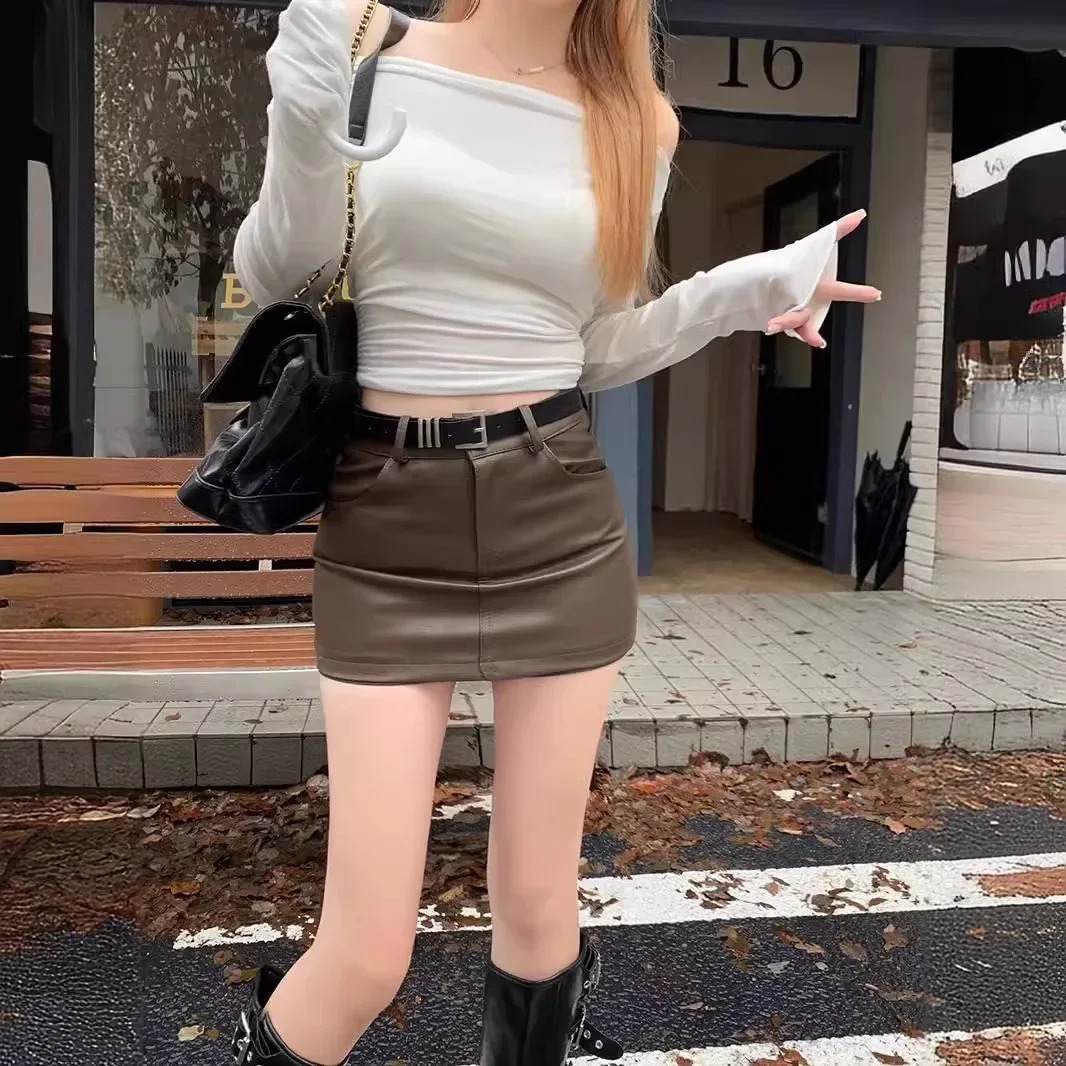 Plus Size 2024 Womens Mini Dress HighWaisted Brown ALine Skirt Petite Maillardpu Leather Summer Style BeltLength Female 250312