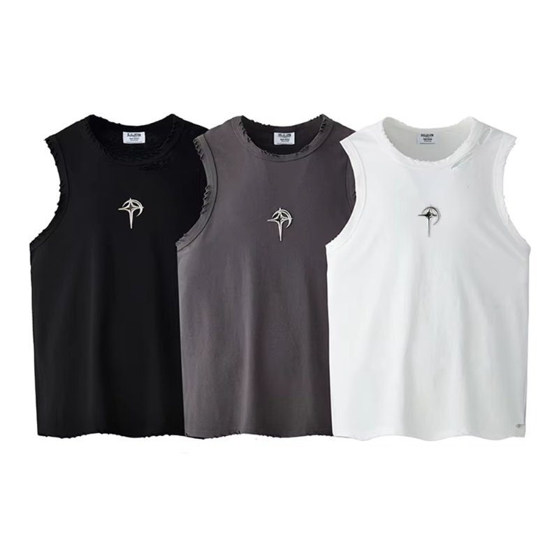 3 Colors Metal Logo Hole Ripped Summer Sleeveless Tshirts for Men Crew Neck Vintage Casual Baggy Top Tees Oversize Loose T-shirt