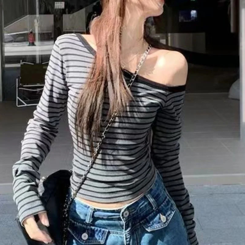 Spring and Autumn Womens Style Japanese Basic Ultra Thin Long Sleeve Striped T-shirt Strapless Korean Street Style Y2K Thin Top 250314