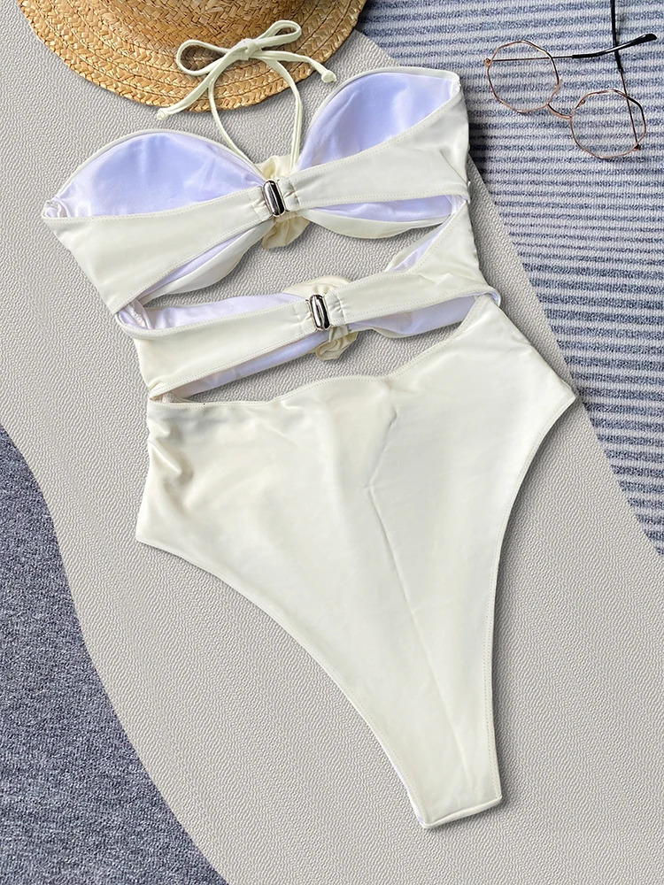 In-X Bride Swimwear Women Beige One Piece Swimsuit Bikini Push Up Halter Swimwear Flower High Waist Bathing Suit Ladies 250314
