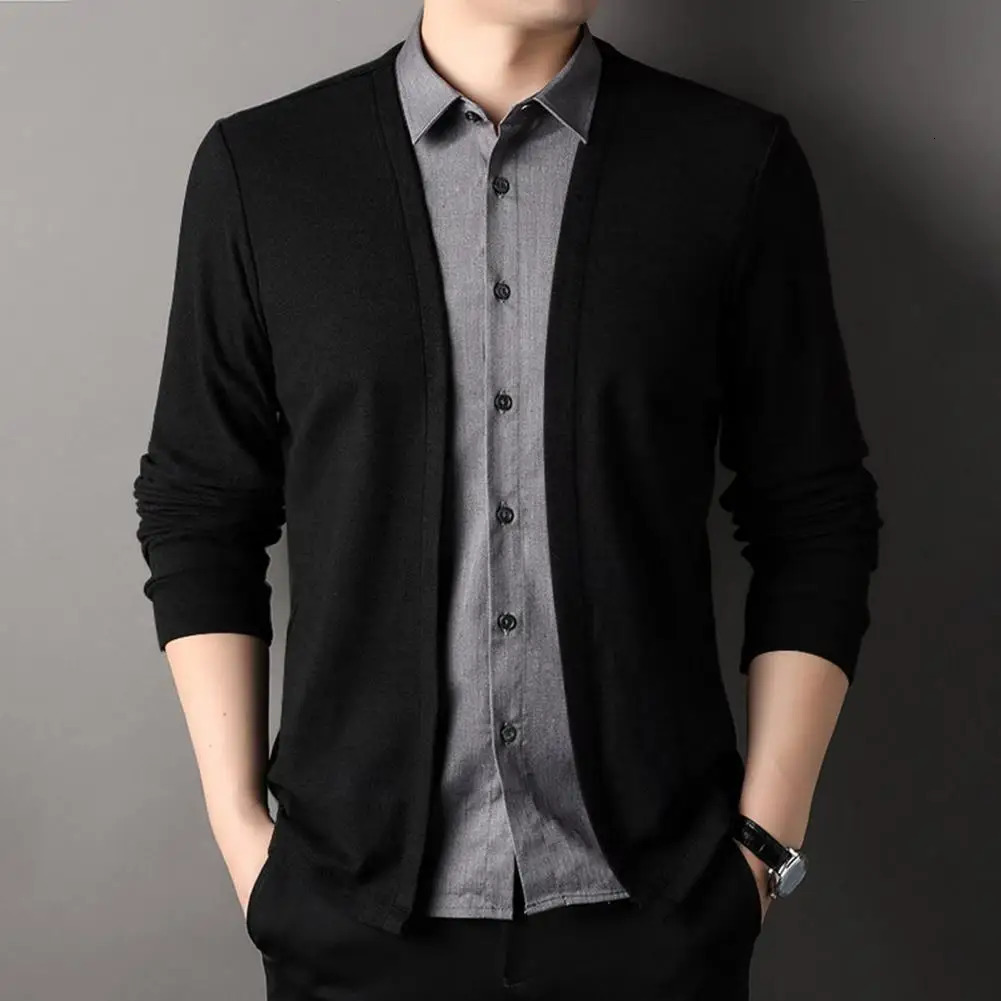 Mens Cardigan Sweater Twopiece Turndown Collar Singlebreasted Knitted Coat Color Matching Long Sleeves Formal Top 250311