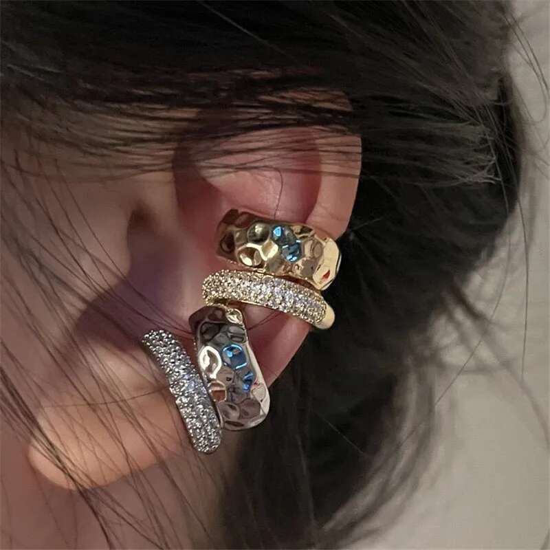 2025 model KOTiK New Trending Zircon Double-layer Cuff No Piercing Earring Punk Unique Metal Geometric Ear Clip for Women Y2K Jewelry