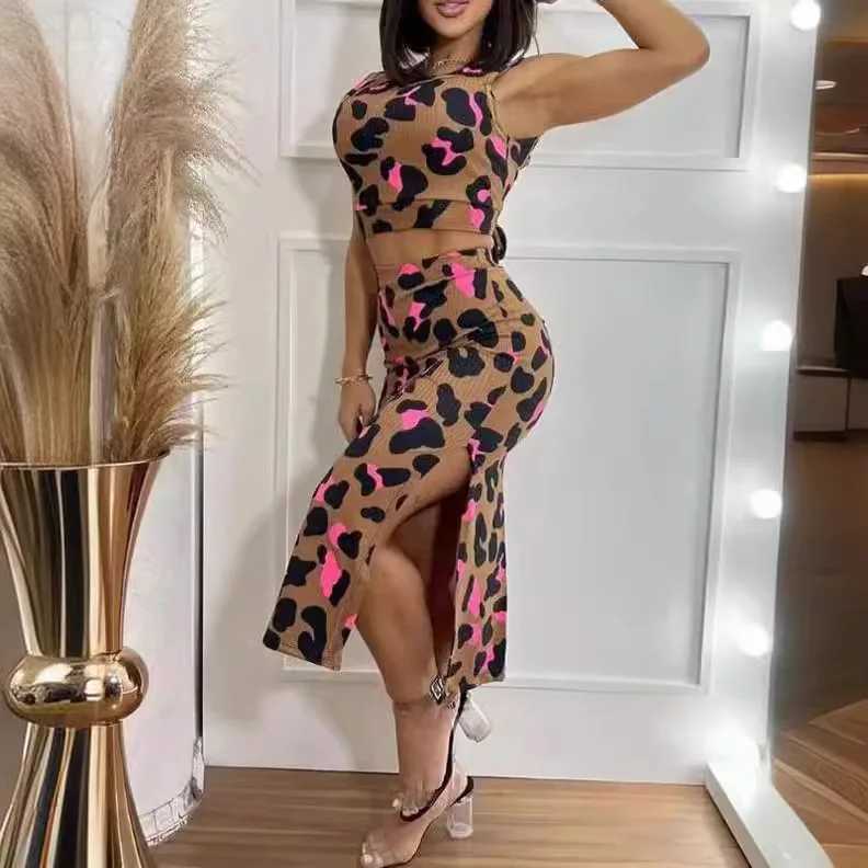 Two Piece Dress 2 Piece Set Women Outfit Summer Fashion Leopard Print Tied Detail Round Neck Slvel Backl Top High Waist Slit Skirt Set Y2503151NHO