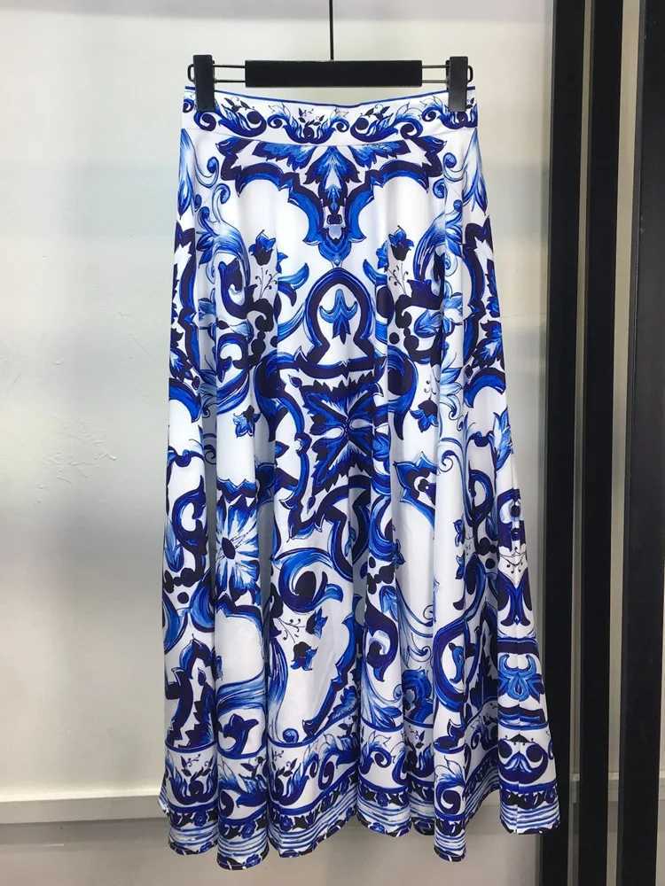 Two Piece Dress Banulin Bohemain Blue and White Ceramic Tile 2piece Set Womens spaghetti shoulder strap gold button vest topprinted long sleeved bodys