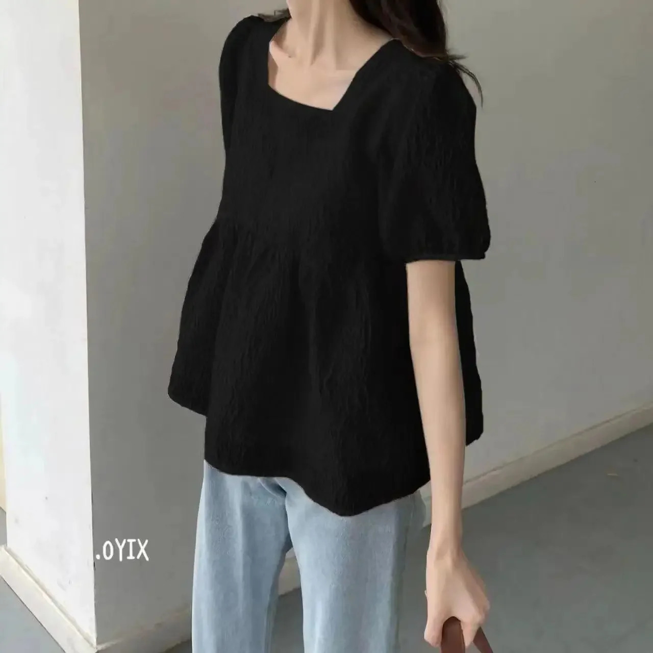Womens XIYO Square Collarpuff Sleeve Short Top French Shape Doll Shirt Summer Meat Cover 250312