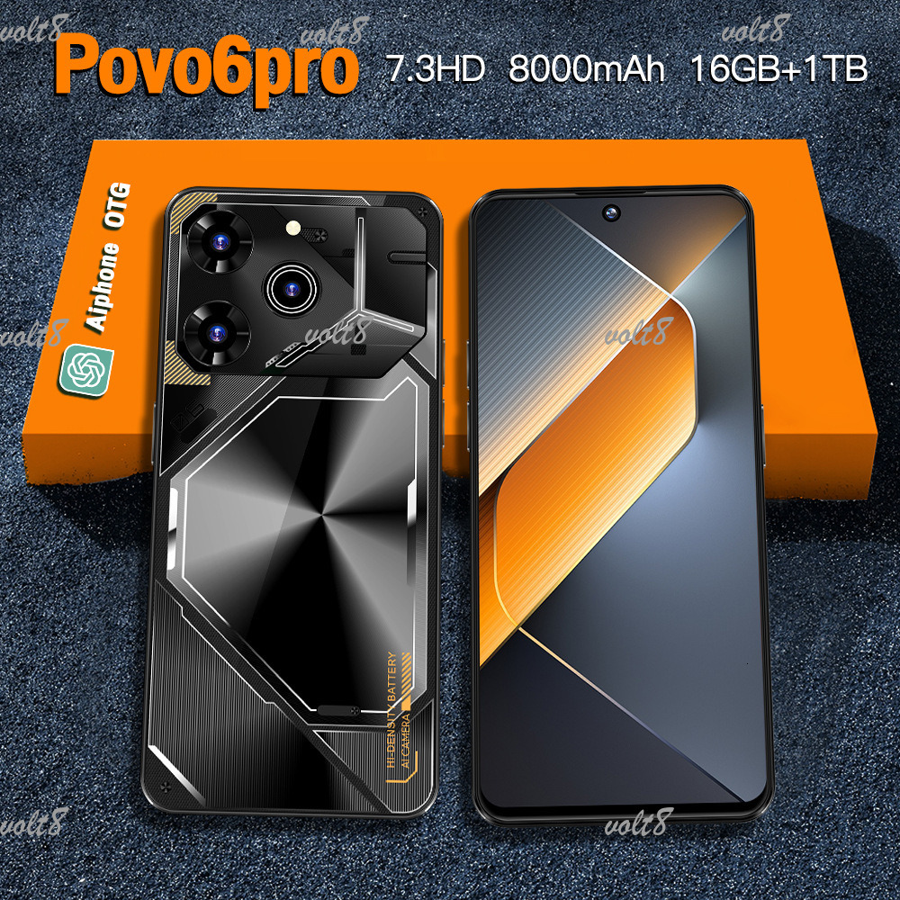 Povo6Pro smartphone large memory 16GB+1TB Cell Phones Unlock Touch Screen Phone Androids Camera Telephone HD Display Face Recognition