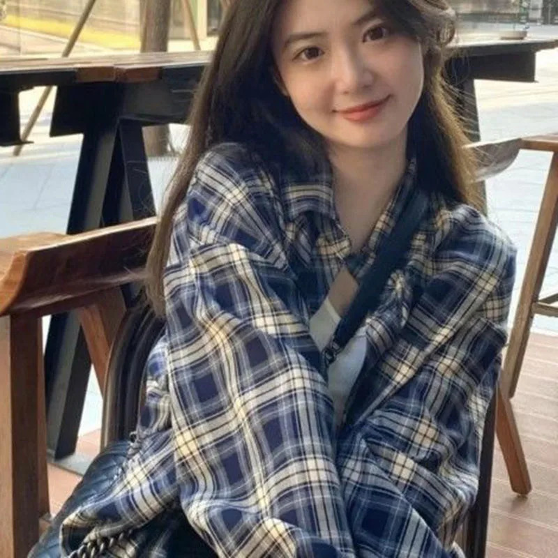 Xpqbb Pink Plaid Blouses for Women Korean Fashion Long Sleeve Check Shirt Ladies Autumn Casual Loose Single-breasted Shirts 250314