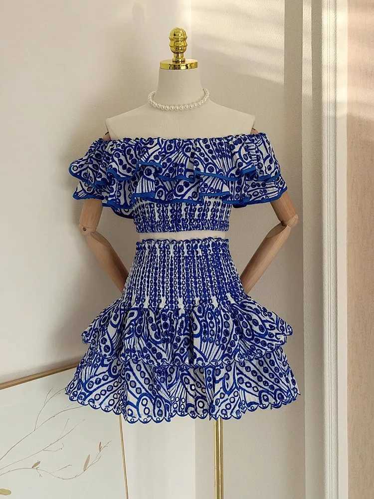 Two Piece Dress Summer Holiday Two Piece Womens Cotton Embroidered Sexy Slanted Collar Ruffle Top and High Waist Short Shirt Beach Set Y250315X6FA