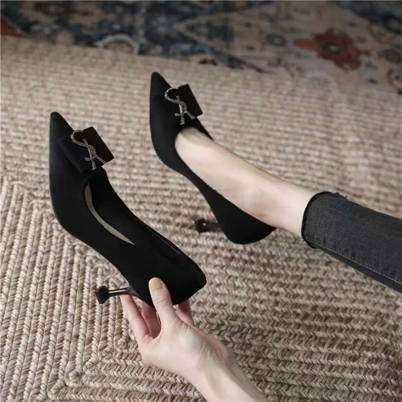 new style metal buckle design suede shallow mouth pointed stiletto black sexy party wedding women's high heels