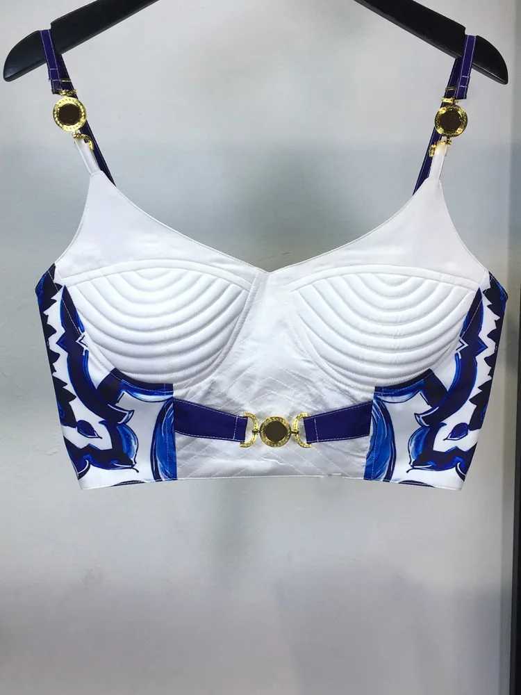 Two Piece Dress Banulin Bohemain Blue and White Ceramic Tile 2piece Set Womens spaghetti shoulder strap gold button vest topprinted long sleeved bodys