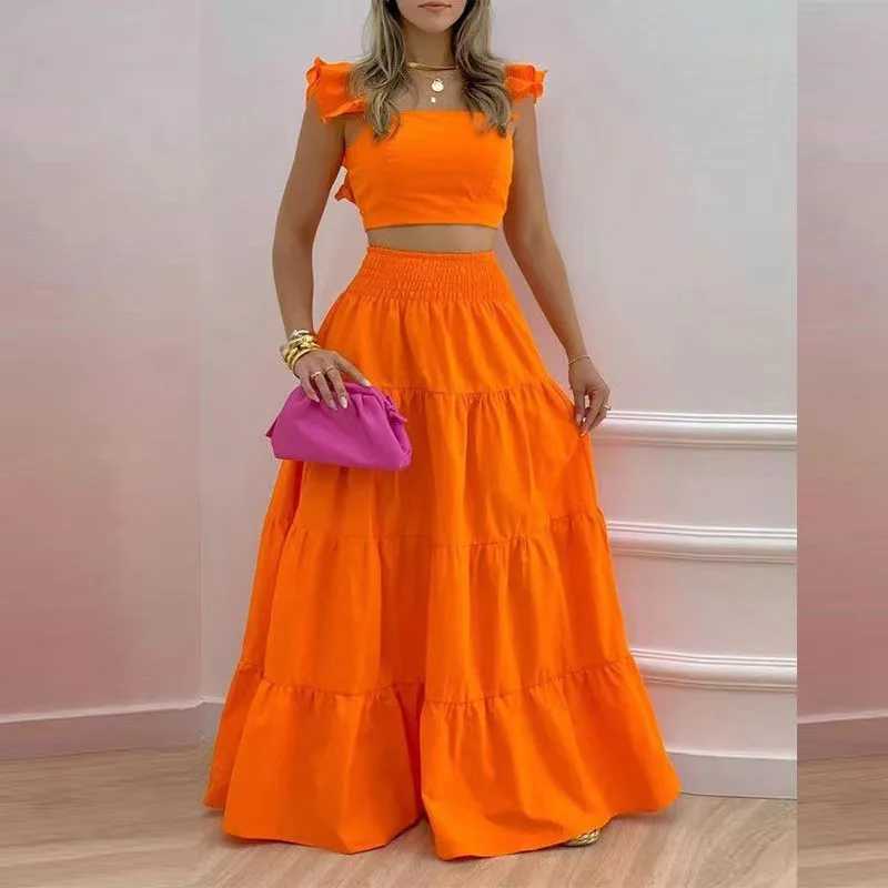 Two Piece Dress Dr Set Two-piece Womens Clothing Solid Color Sexy Suspender Large Swing Skirt Short Slved Square Neck Top Summer Outfits Y250315QB32