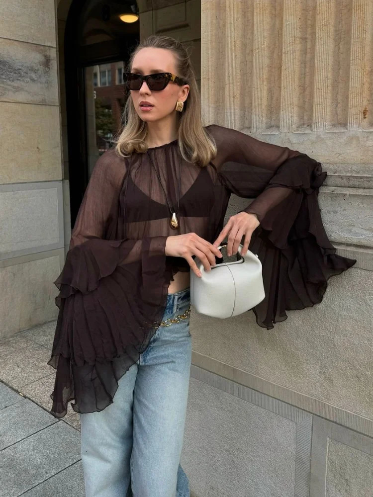 See through the folds at the hem of the laminated womens mesh shirt round neck plaid long sleeved loose shirt summer spring womens fashion top 250314