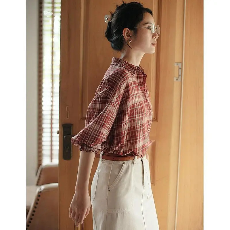 Red Plaid Shirt Women Long-sleeved Niche Spring and Autumn Casual Temperament Slim Shirt Cotton 250314