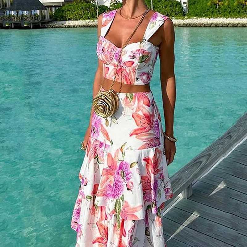 Two Piece Dress Wefads 2-piece womens summer elegant floral print Slvel high waisted vest loose cascading long sleeved dress Y250315TPX1