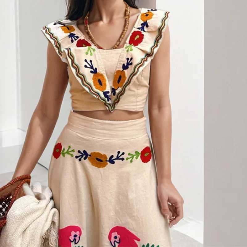Two Piece Dress Fashion Flower Print Set Dr Womens Ruffle Splicing Slvel Crop Top High Waist Maxii Leather Jacket Womens 2-piece Set Y250315449F