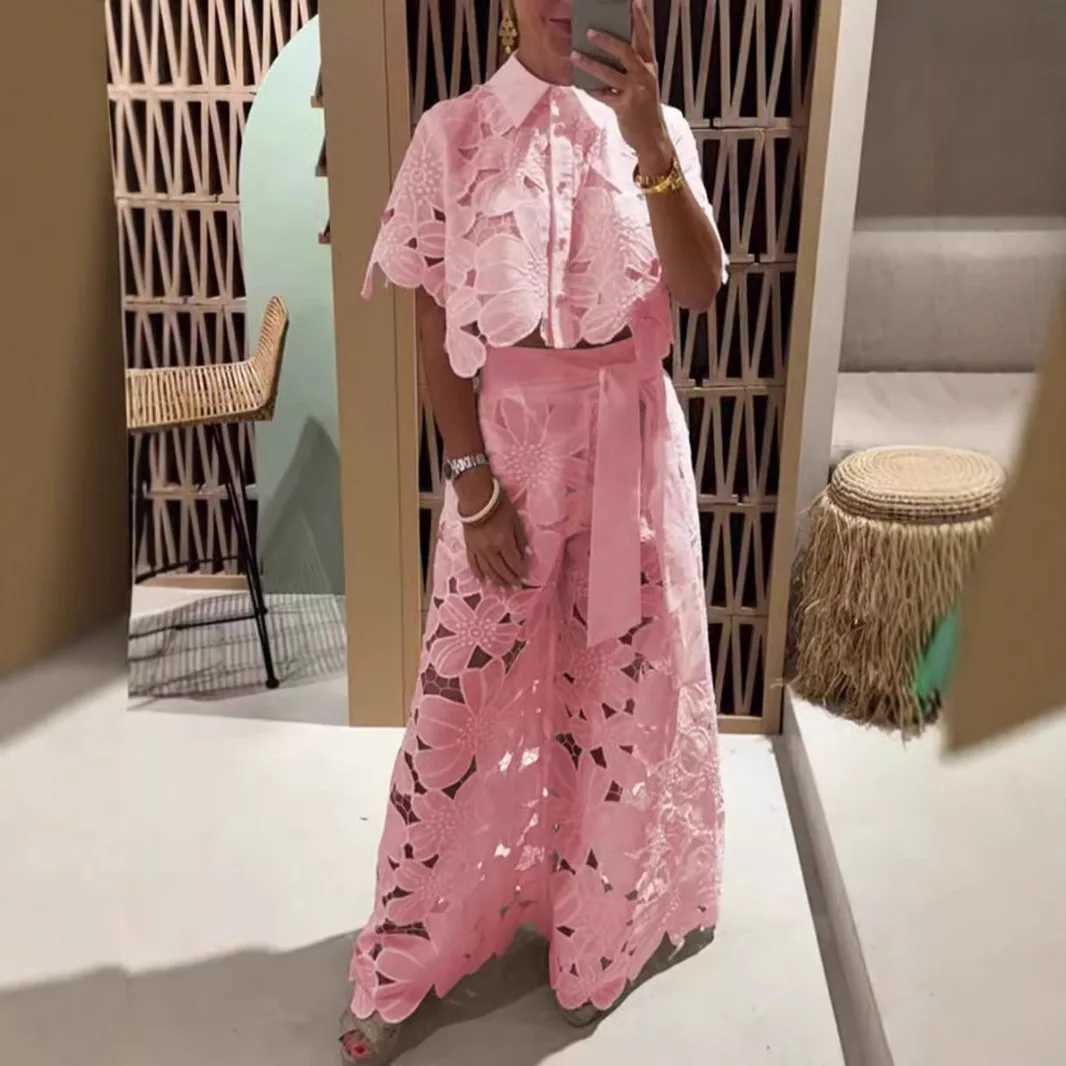 Women's Two Piece Pants Sexy lace hollow 2-piece fashionable new shirt top+wide leg pants womens set fashionable solid color elegant casual set w
